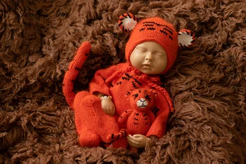 Norka tkaniny tygrys kreskówka jednoczęściowy strój lalka kapelusz dziecko, dziecko, zdjęcia, rekwizyty do zdjęć garnitur zwierzęcia