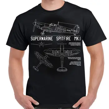Spitfire Mk.1 Схематичная Czarna koszulka Męska z krótkim rękawem, Codzienne bawełniane letnie t-Shirty dla Chłopców