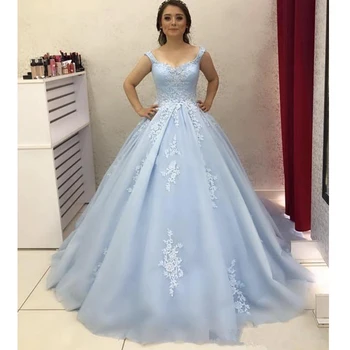 Spokojny Błękit Bujne Sukienki Eleganckie Sukienki Z Aplikacją I Pociągu Suknie Wieczorowe Na Studniówkę Plus Rozmiar Vestidos De Fiesta