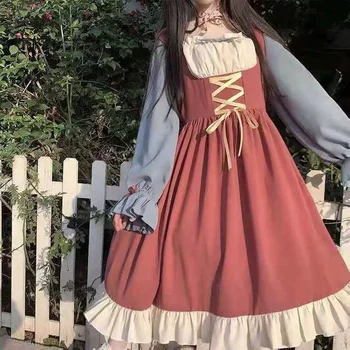 Kobieca Sukienka w stylu Japońskim w stylu Lolita, Odzież 80-90-tych, Vintage Patchwork Ładny Świąteczny Sukienka z Falbankami w stylu Kawaii